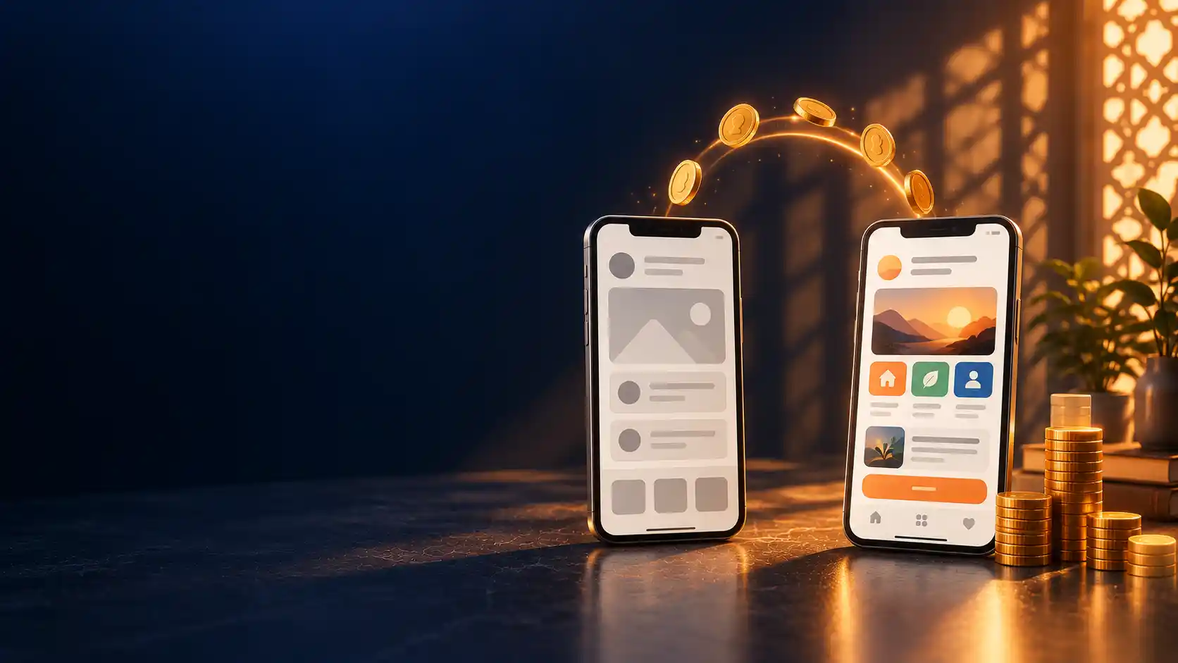 Two smartphones, one showing a wireframe and one a finished interface, linked by an arc of gold coins