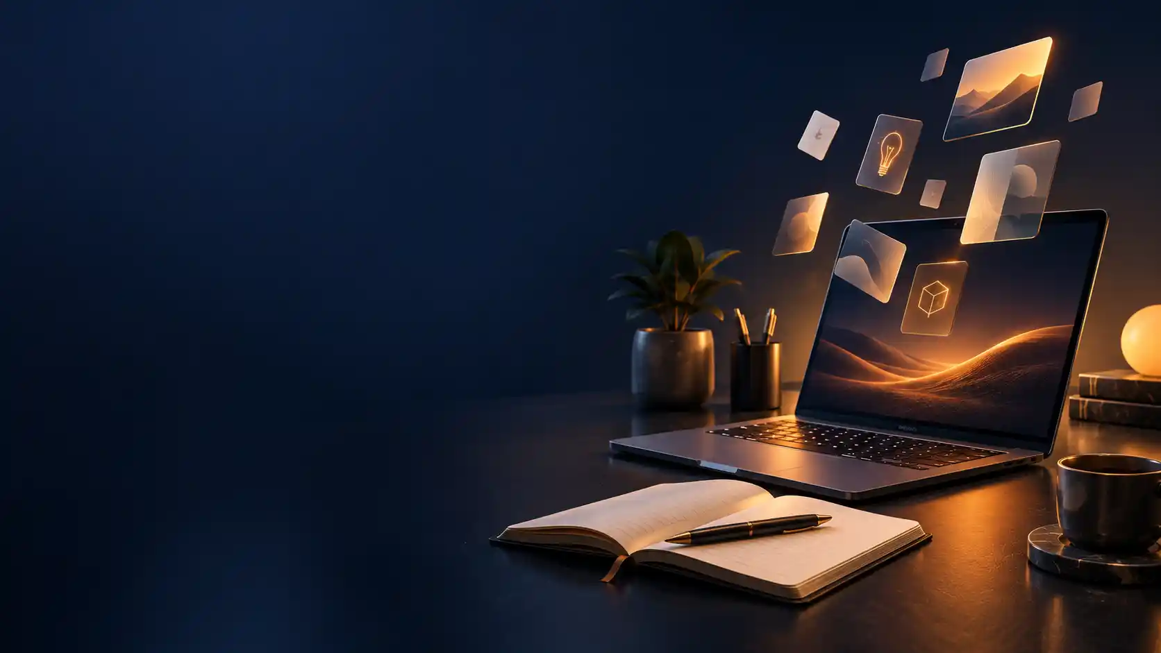 Laptop and open notebook on a dark desk with small glowing cards rising from the screen