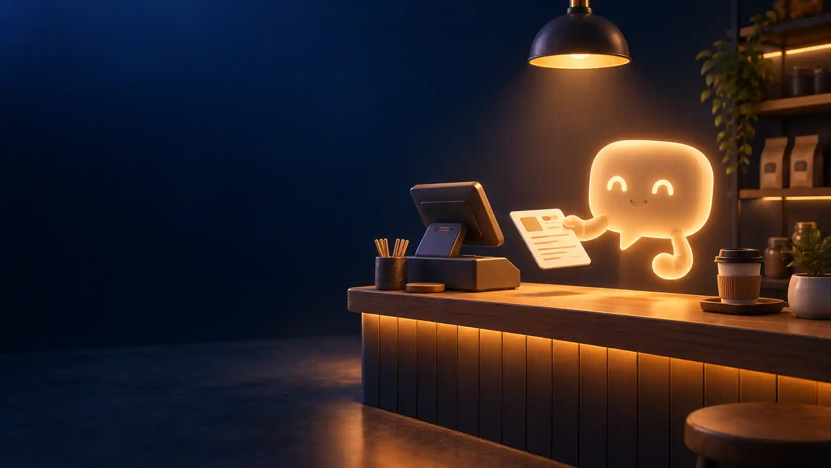 A shop counter with a cash register and coffee cup beside a glowing chat-bubble assistant handing over a document