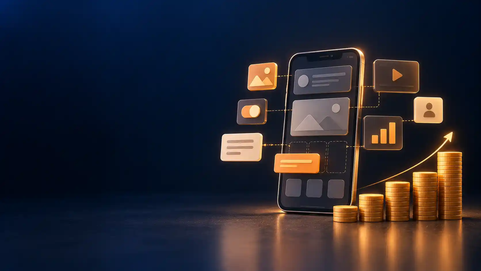 A smartphone wireframe assembling from floating interface blocks beside a staircase of gold coins