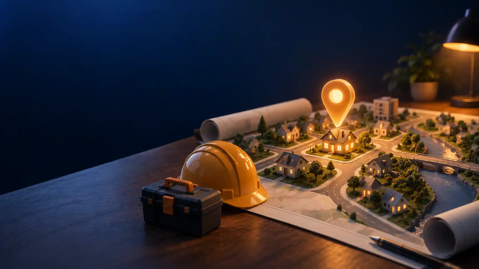Miniature town map with a hard hat, a toolbox and one tall glowing amber map pin above a house