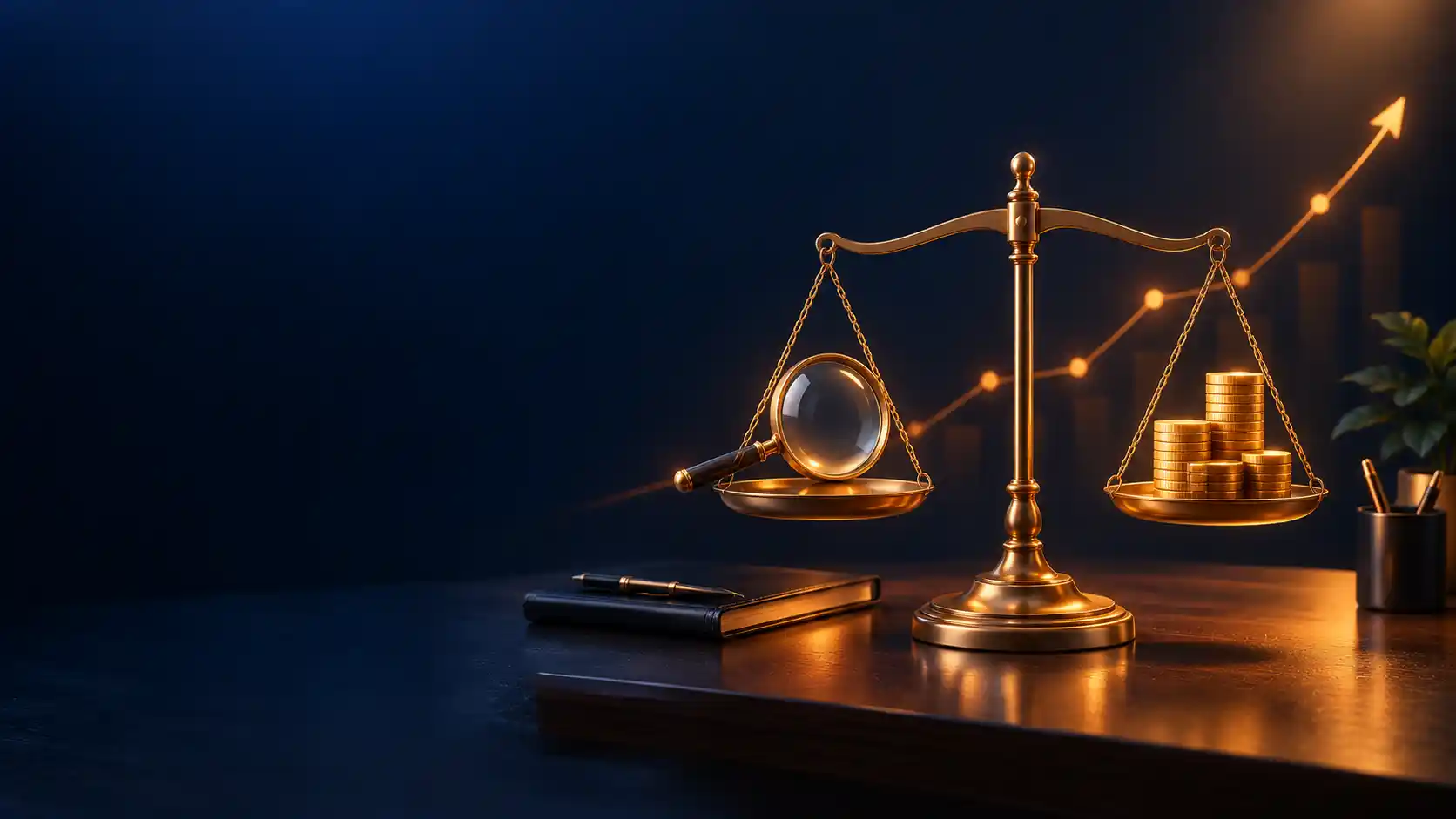 Brass balance scale weighing a magnifying glass against a stack of coins, illustrating the cost of SEO