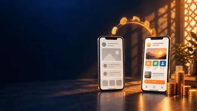 Two smartphones, one showing a wireframe and one a finished interface, linked by an arc of gold coins