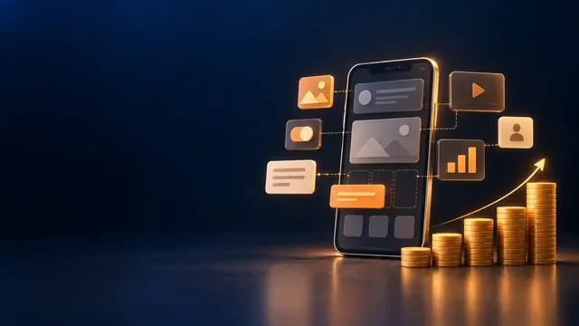 A smartphone wireframe assembling from floating interface blocks beside a staircase of gold coins