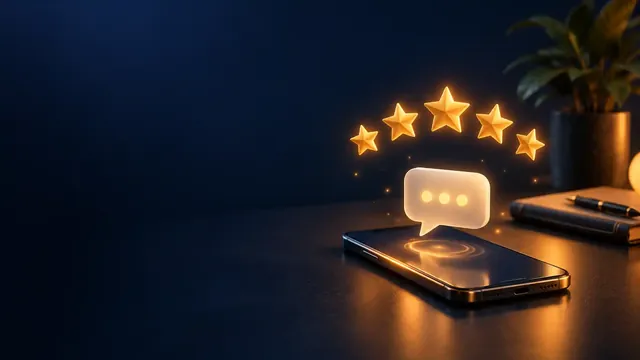 Five glowing stars in an arc above a smartphone with a reply speech bubble rising from the screen