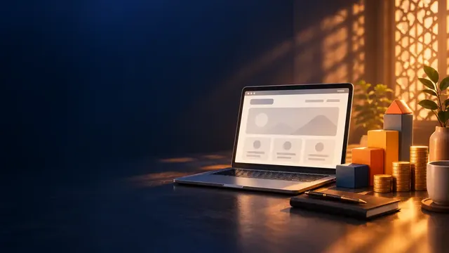 Laptop showing a blank web layout beside stacking blocks and coins in warm light, illustrating website design cost in India