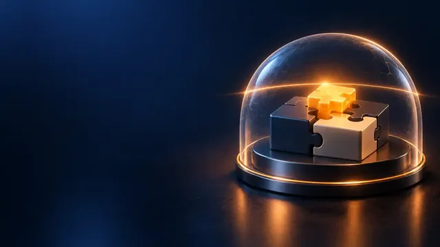 Modular puzzle-piece blocks under a translucent shield dome with a scanning beam passing across