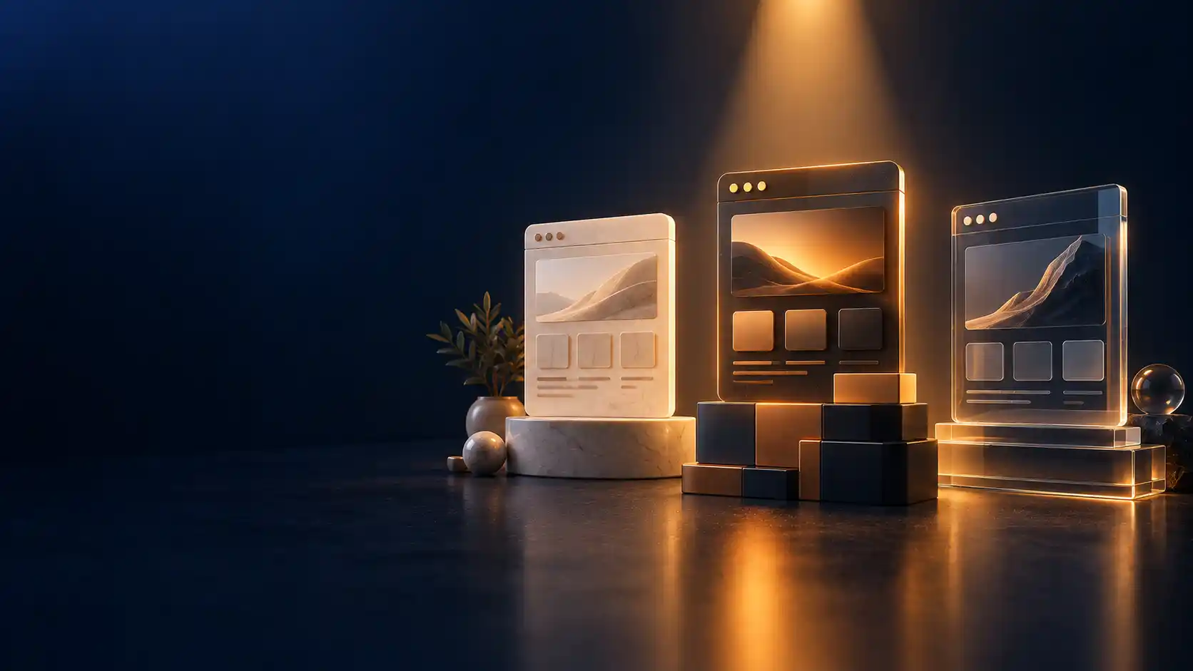 Three abstract website frames made of tiles, blocks and glass standing like podiums under a warm spotlight