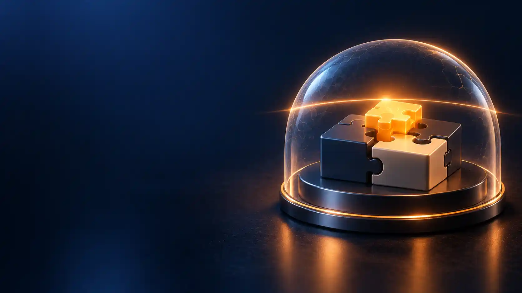 Modular puzzle-piece blocks under a translucent shield dome with a scanning beam passing across